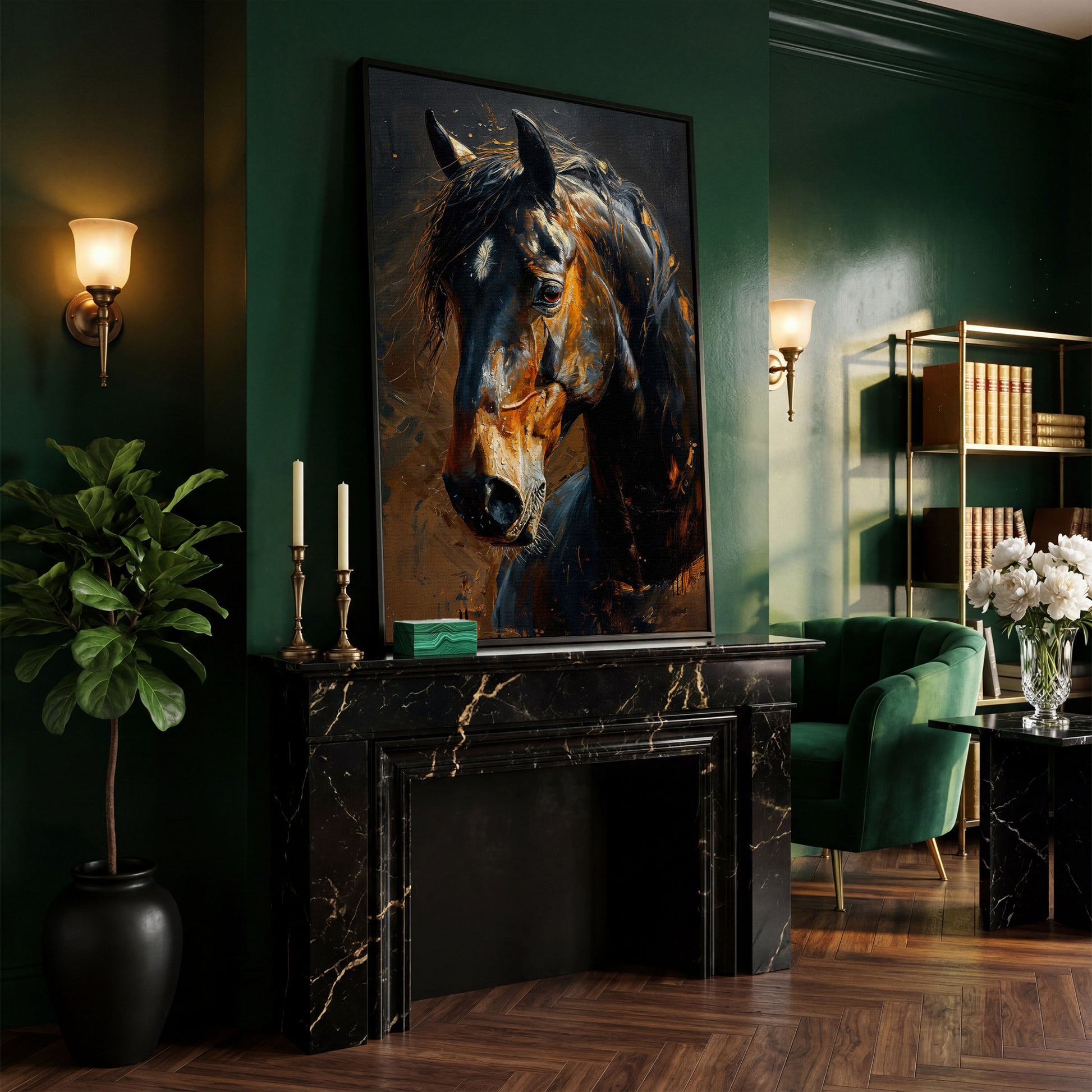 Golden Coat Horse Canvas Print in black floating frame