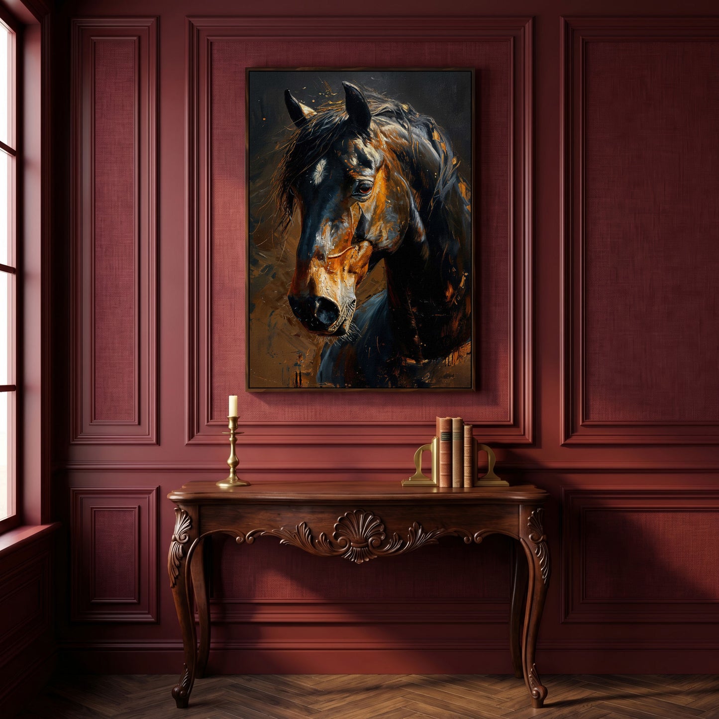 Golden Coat Horse Canvas Print in dark walnut floating frame