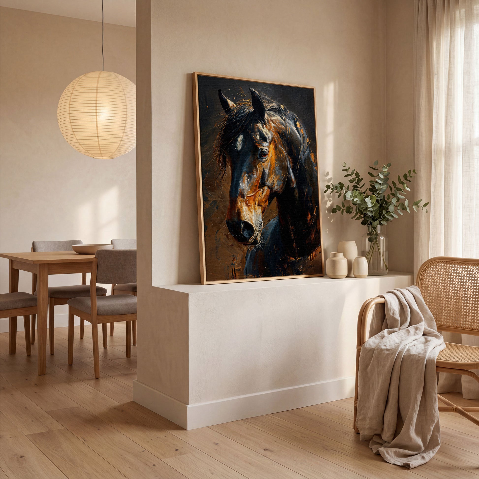 Golden Coat Horse Canvas Print in white oak floating frame
