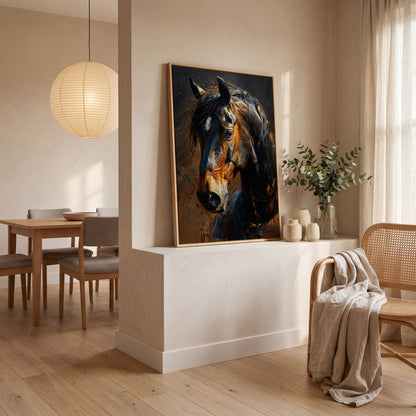 Golden Coat Horse Canvas Print in white oak floating frame