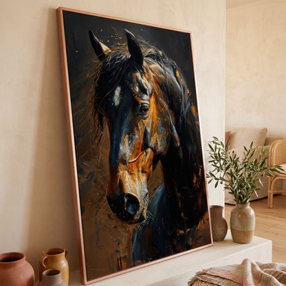 Golden Coat Horse Canvas Print in rose gold floating frame