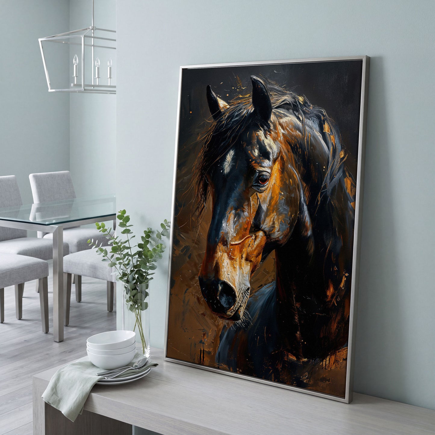 Golden Coat Horse Canvas Print in silver floating frame