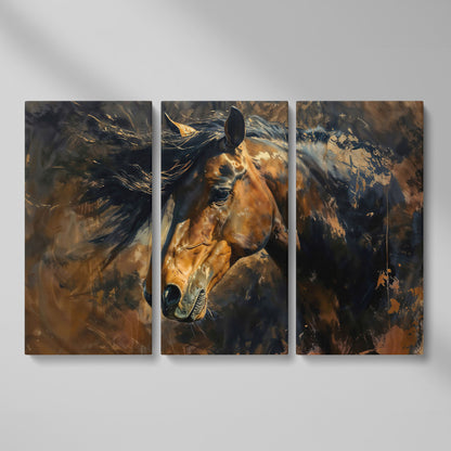 Brown & Gold Horse Canvas Print as 3-panel split version