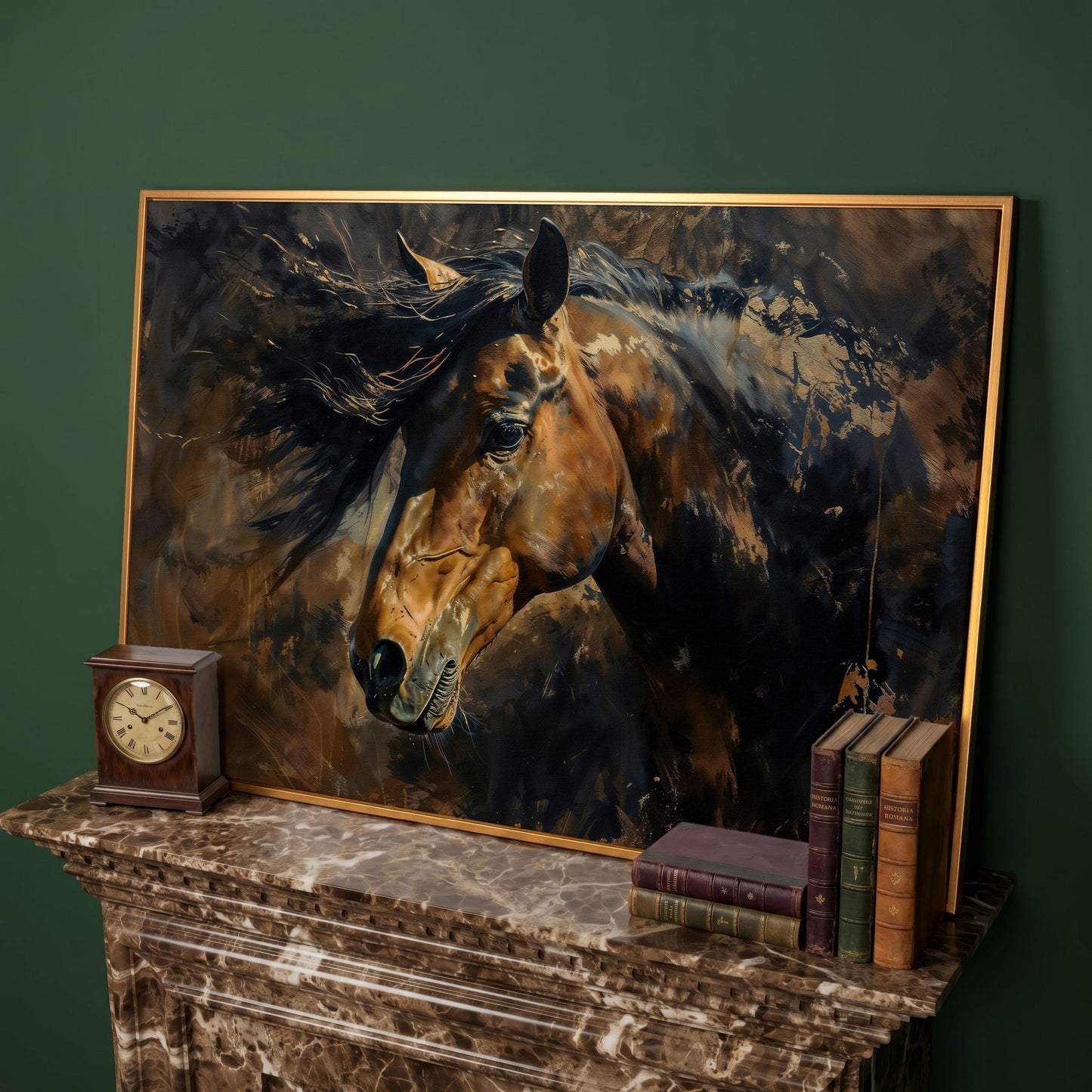 Brown & Gold Horse Canvas Print in antique gold floating frame