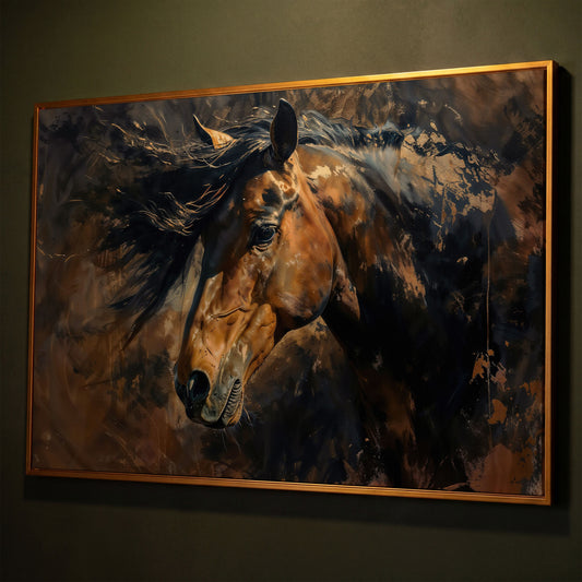 Brown & Gold Horse Canvas Print shown in antique gold floating frame