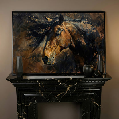 Brown & Gold Horse Canvas Print in black floating frame
