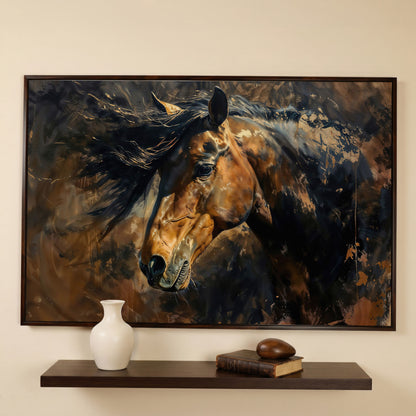 Brown & Gold Horse Canvas Print in dark walnut floating frame