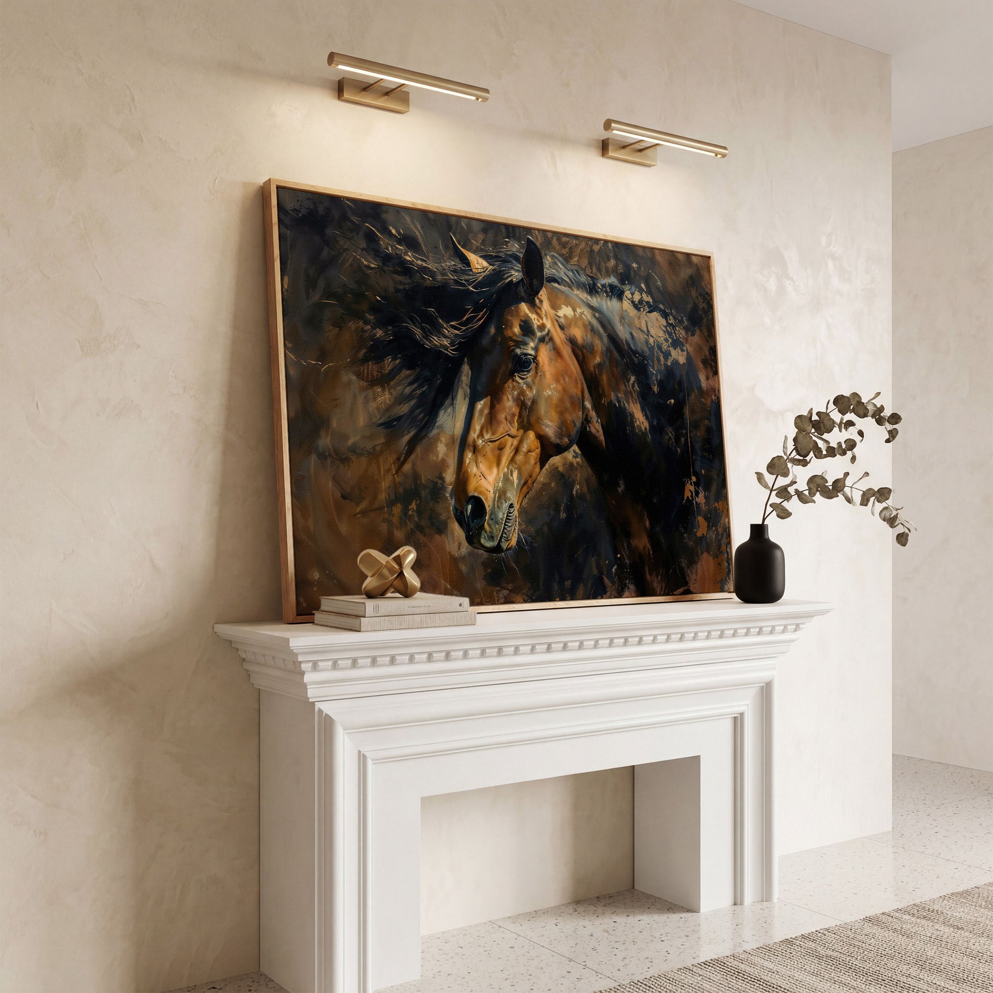 Brown & Gold Horse Canvas Print in white oak floating frame
