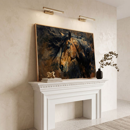 Brown & Gold Horse Canvas Print in white oak floating frame