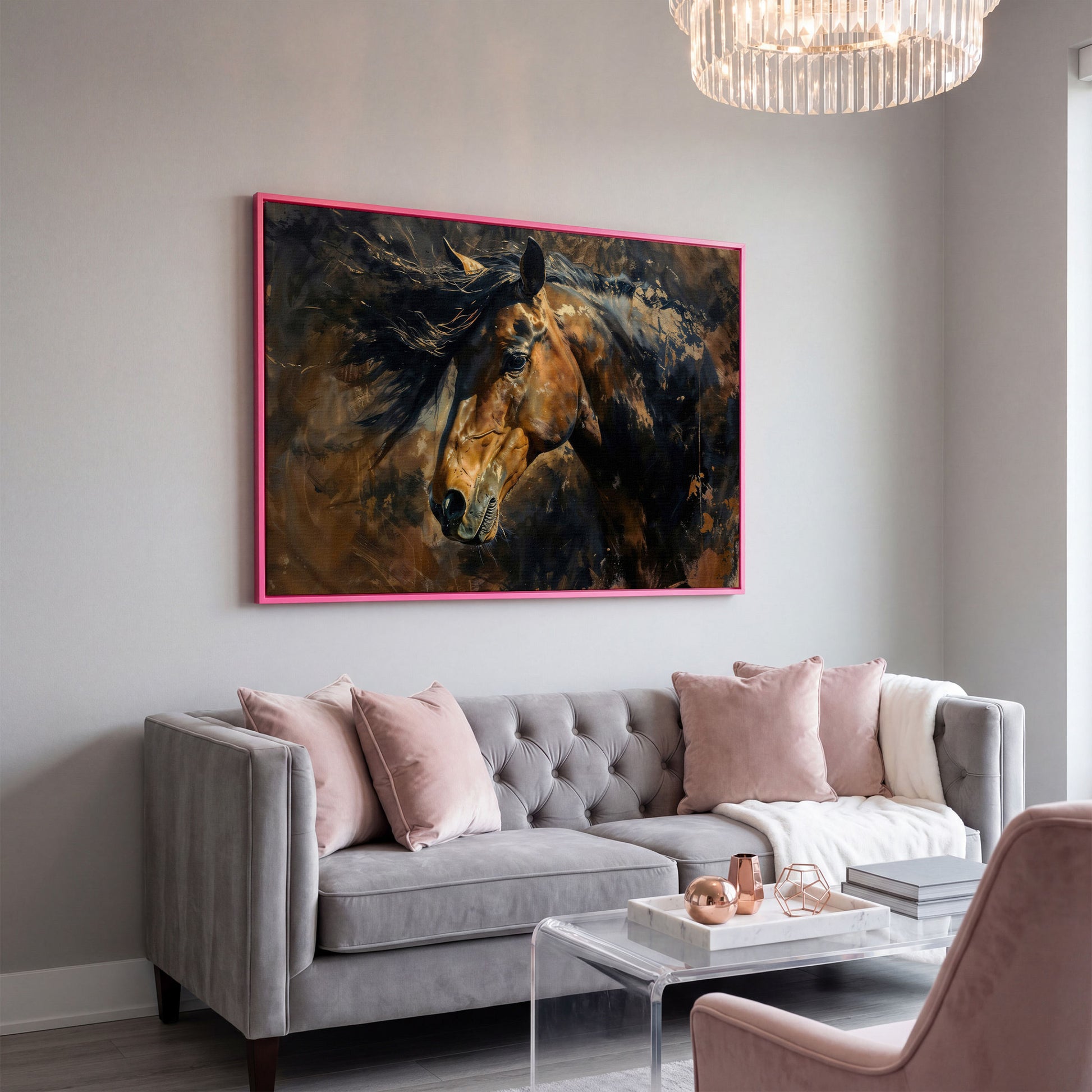 Brown & Gold Horse Canvas Print in pink floating frame