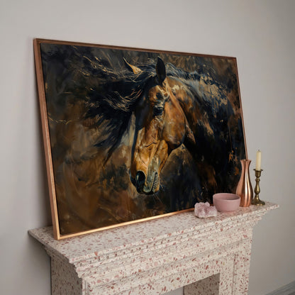 Brown & Gold Horse Canvas Print in rose gold floating frame