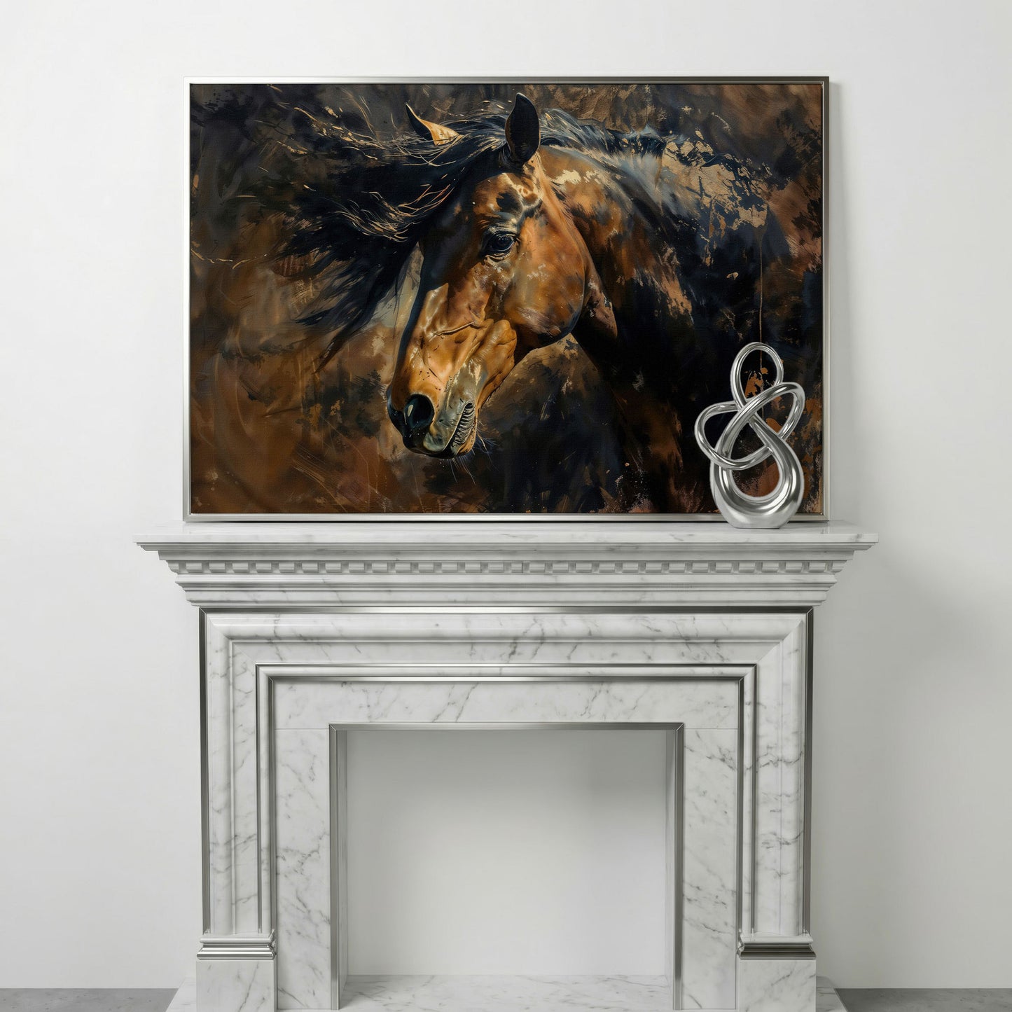 Brown & Gold Horse Canvas Print in silver floating frame