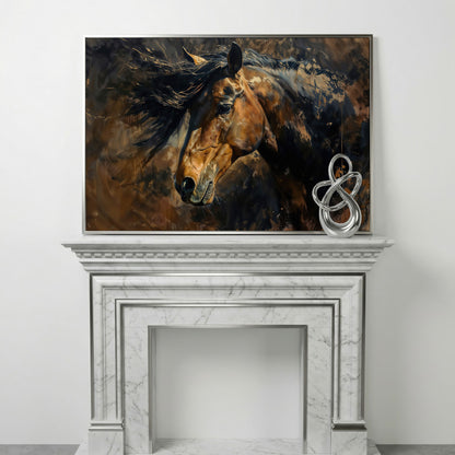 Brown & Gold Horse Canvas Print in silver floating frame
