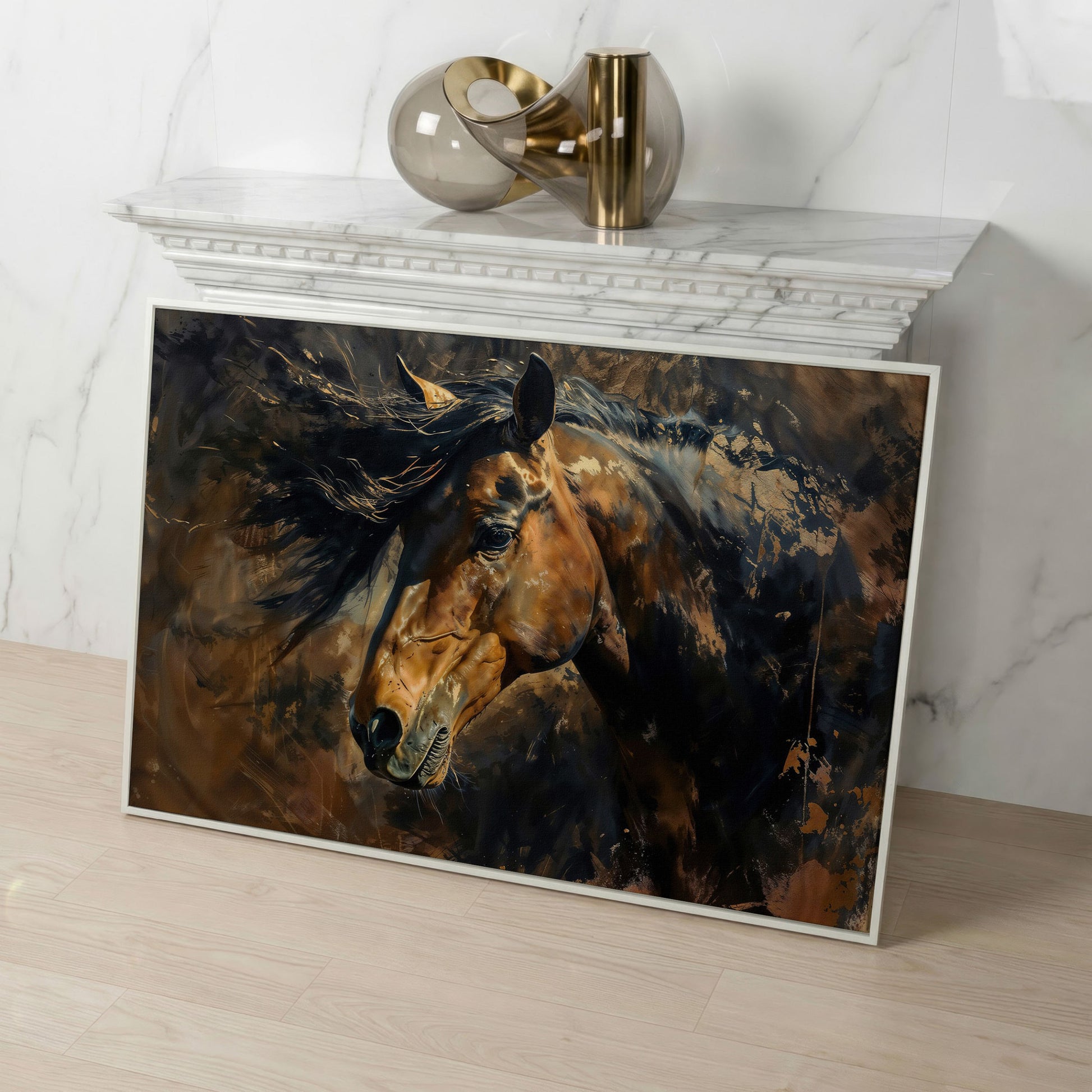 Brown & Gold Horse Canvas Print in white floating frame