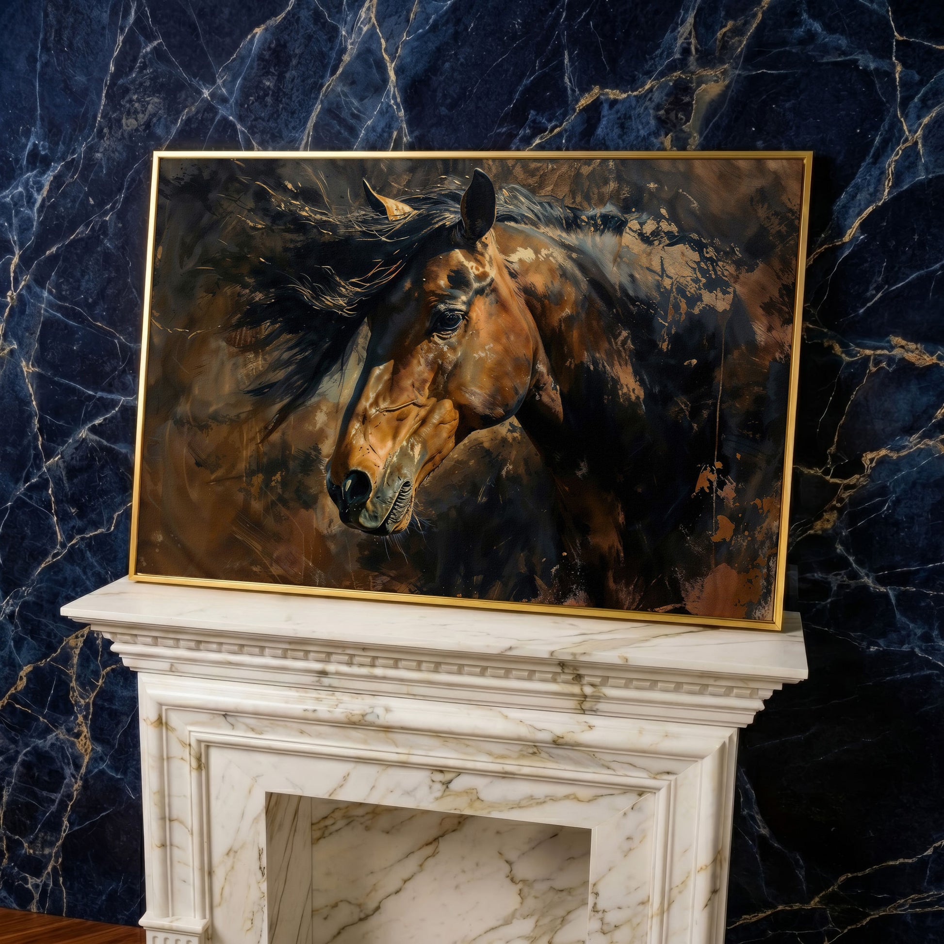 Brown & Gold Horse Canvas Print in yellow gold floating frame