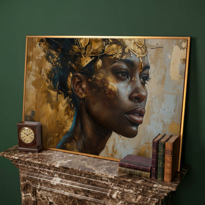 African American Girl Portrait with Gold Leaf Crown Canvas in antique gold floating frame