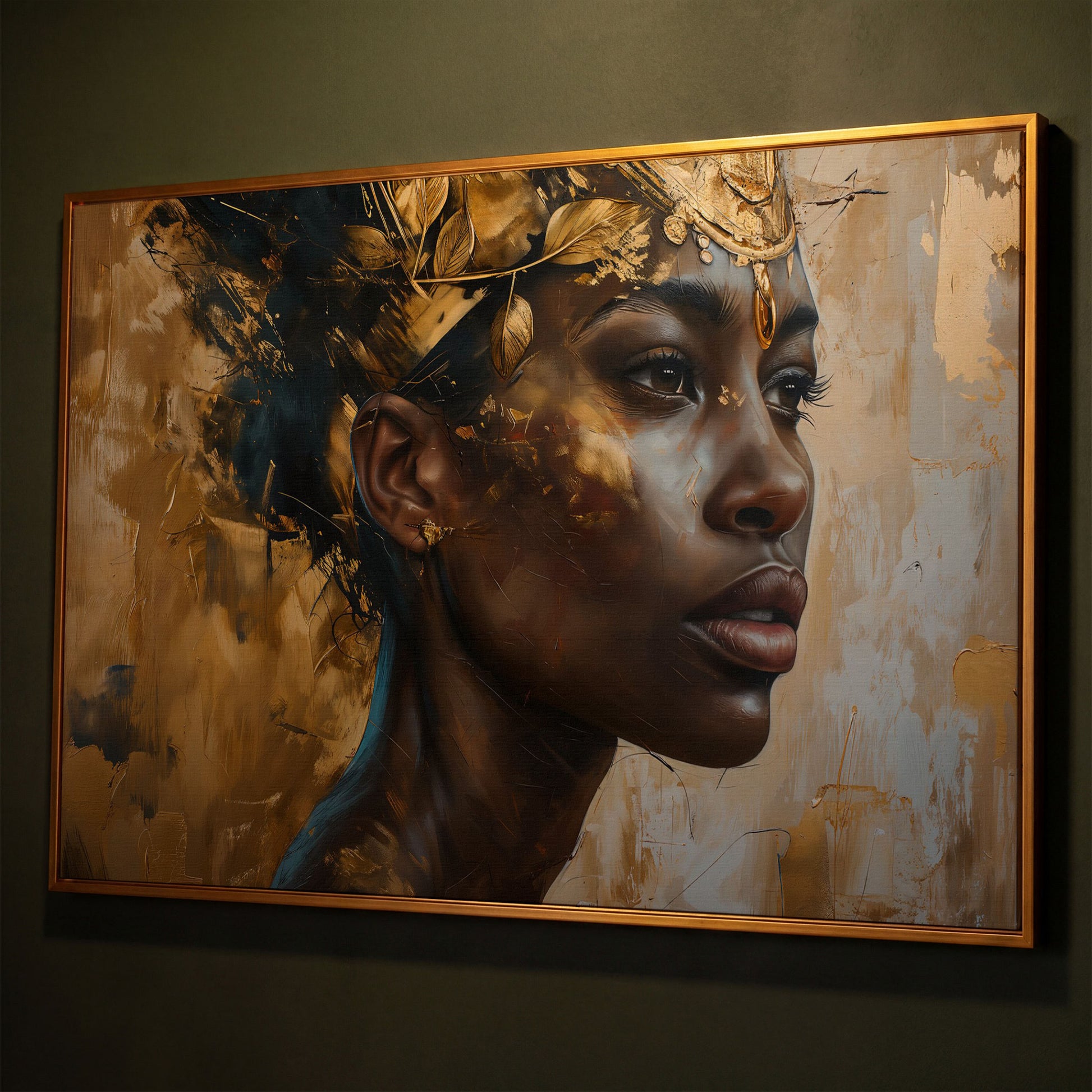African American Girl Portrait with Gold Leaf Crown Canvas shown in antique gold floating frame