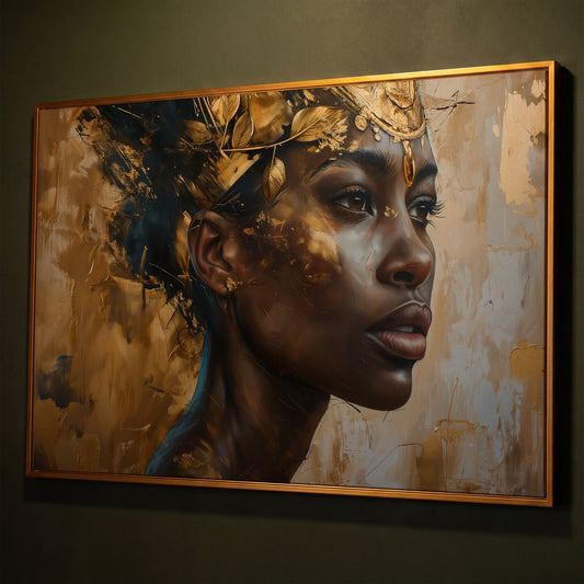 African American Girl Portrait with Gold Leaf Crown Canvas shown in antique gold floating frame