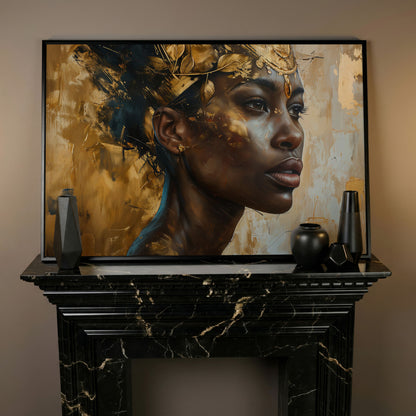 African American Girl Portrait with Gold Leaf Crown Canvas in black floating frame