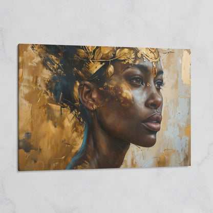 African American Girl Portrait with Gold Leaf Crown Canvas on gallery wrap