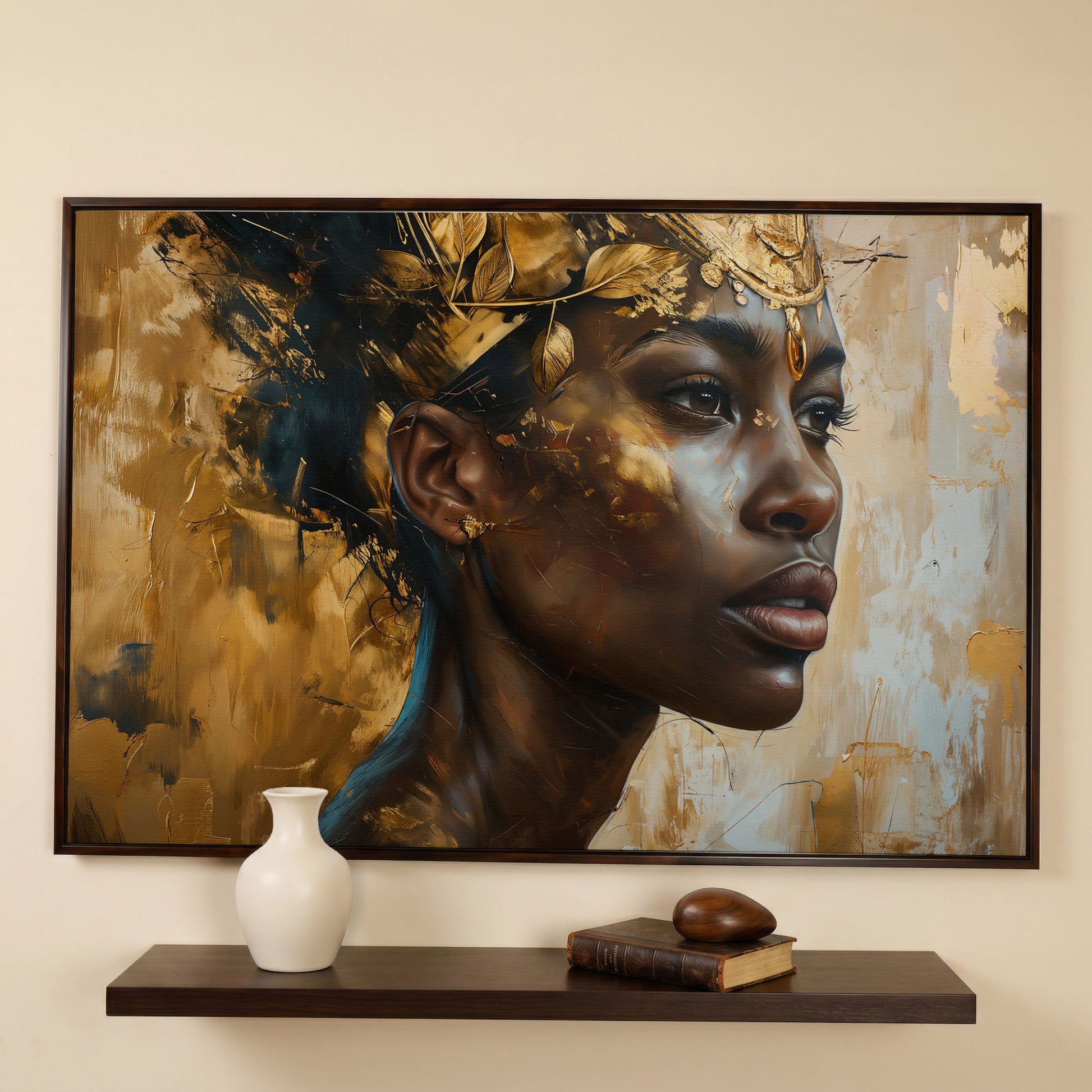 African American Girl Portrait with Gold Leaf Crown Canvas in dark walnut floating frame