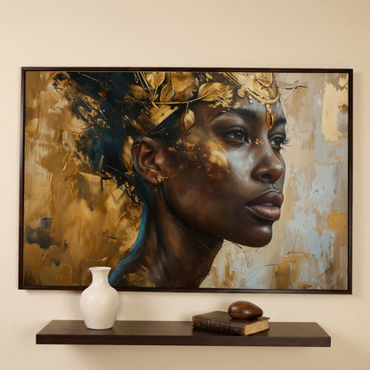 African American Girl Portrait with Gold Leaf Crown Canvas in dark walnut floating frame