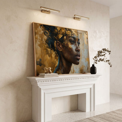African American Girl Portrait with Gold Leaf Crown Canvas in white oak floating frame