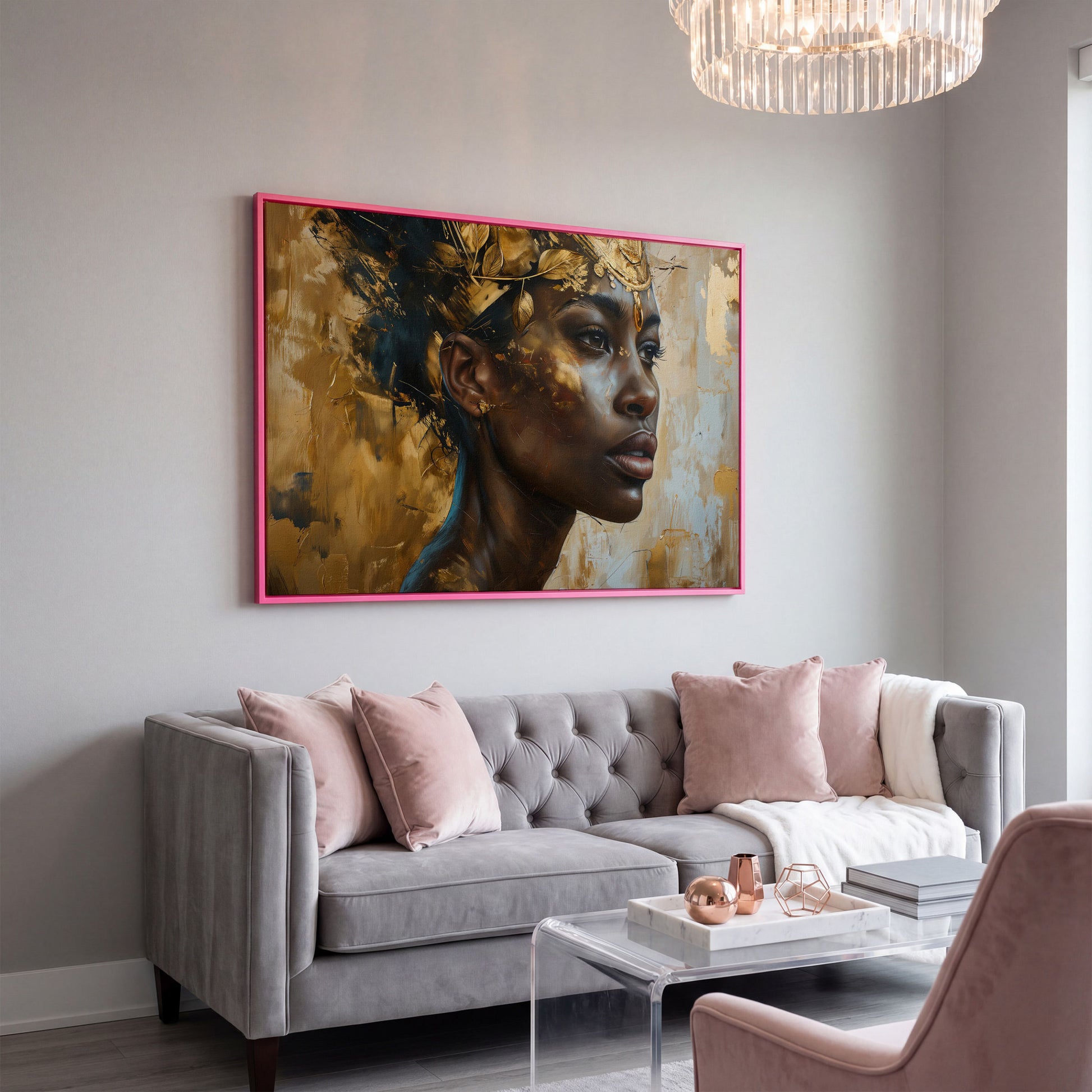 African American Girl Portrait with Gold Leaf Crown Canvas in pink floating frame