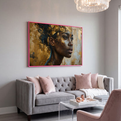 African American Girl Portrait with Gold Leaf Crown Canvas in pink floating frame