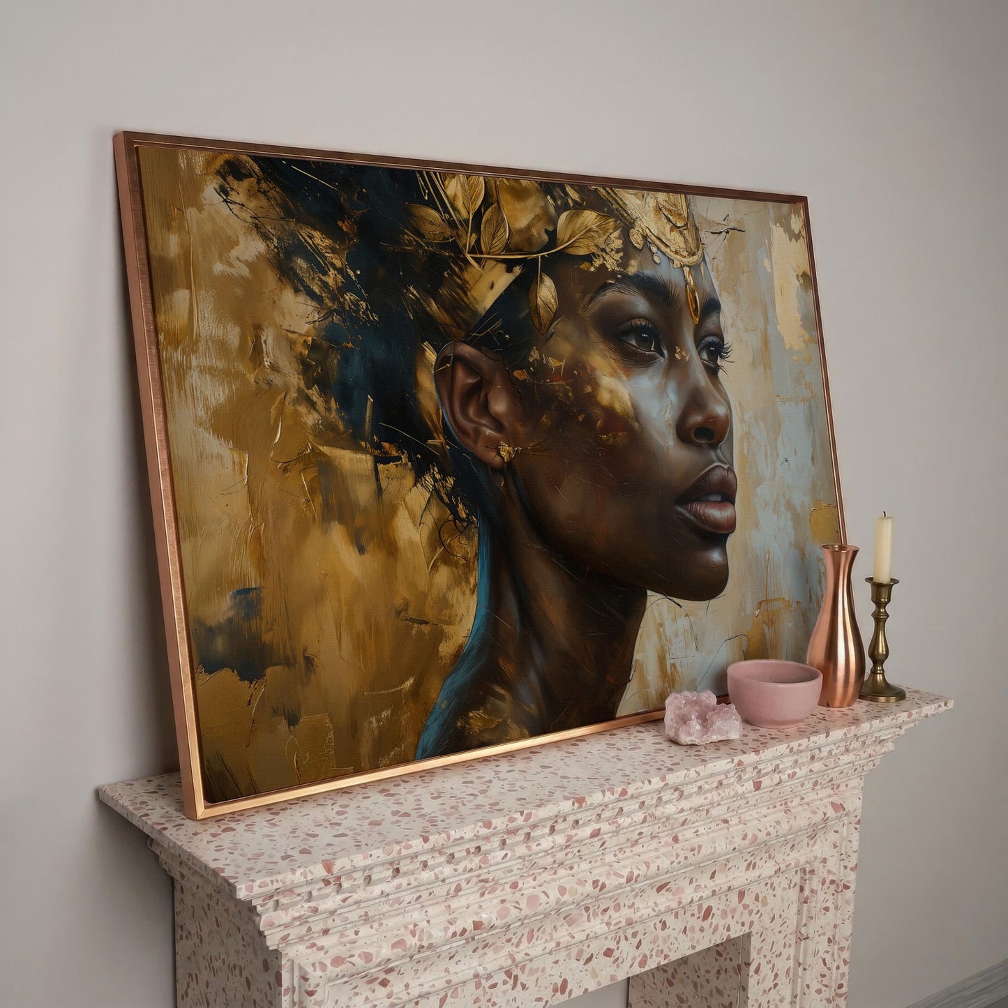 African American Girl Portrait with Gold Leaf Crown Canvas in rose gold floating frame