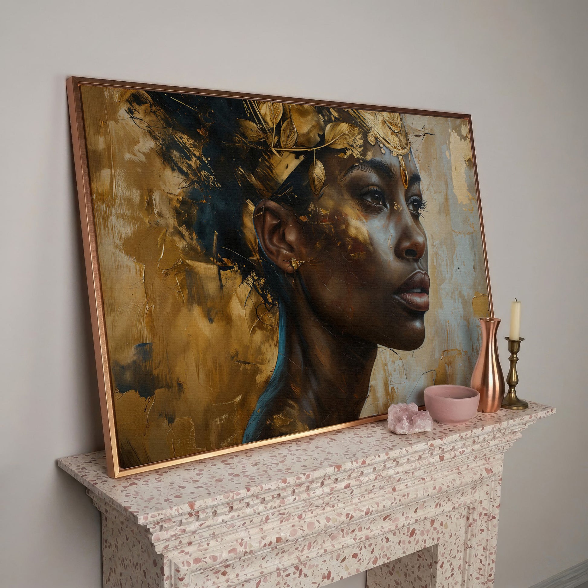African American Girl Portrait with Gold Leaf Crown Canvas in rose gold floating frame