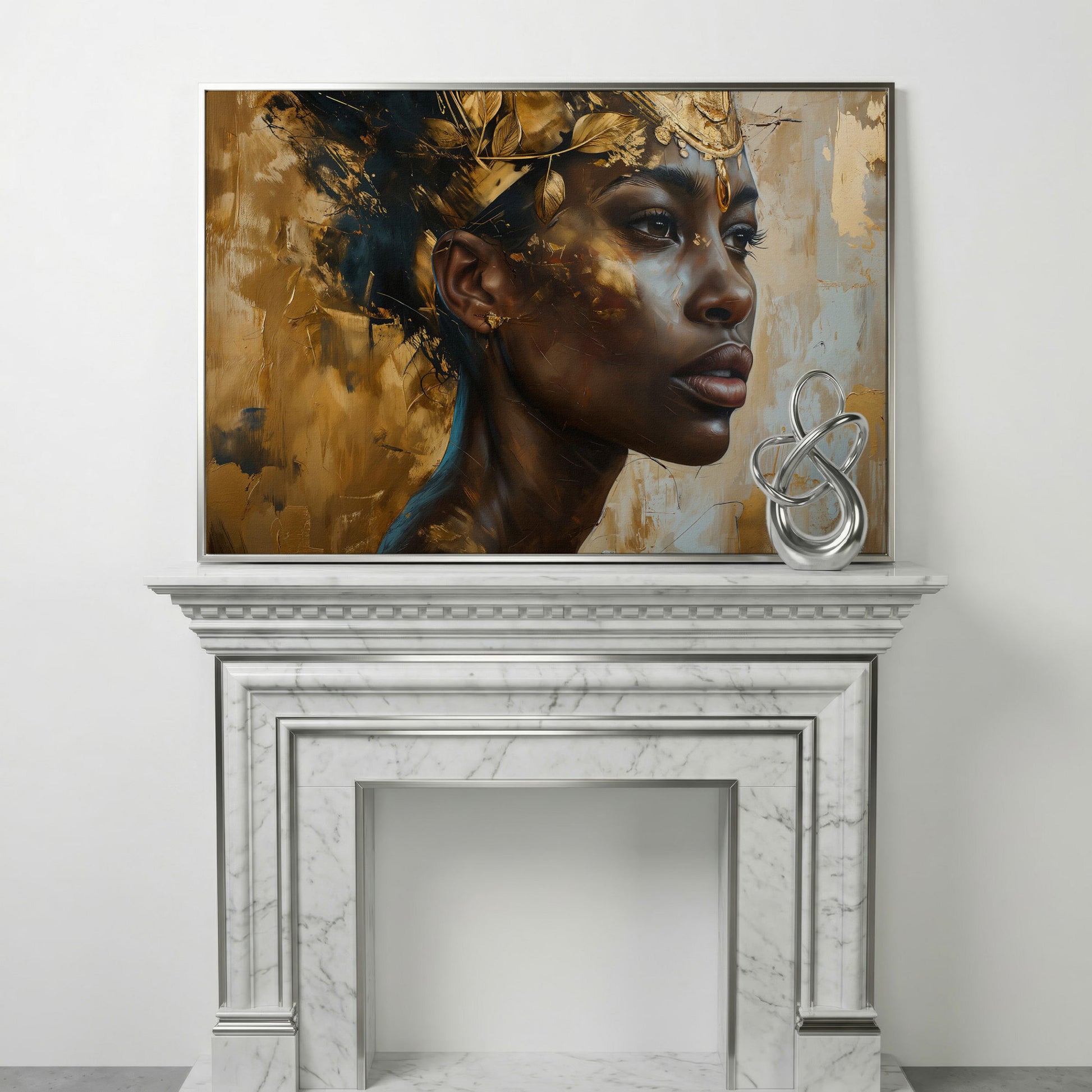 African American Girl Portrait with Gold Leaf Crown Canvas in silver floating frame