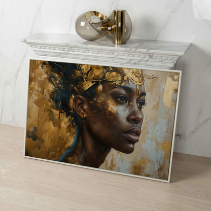 African American Girl Portrait with Gold Leaf Crown Canvas in white floating frame