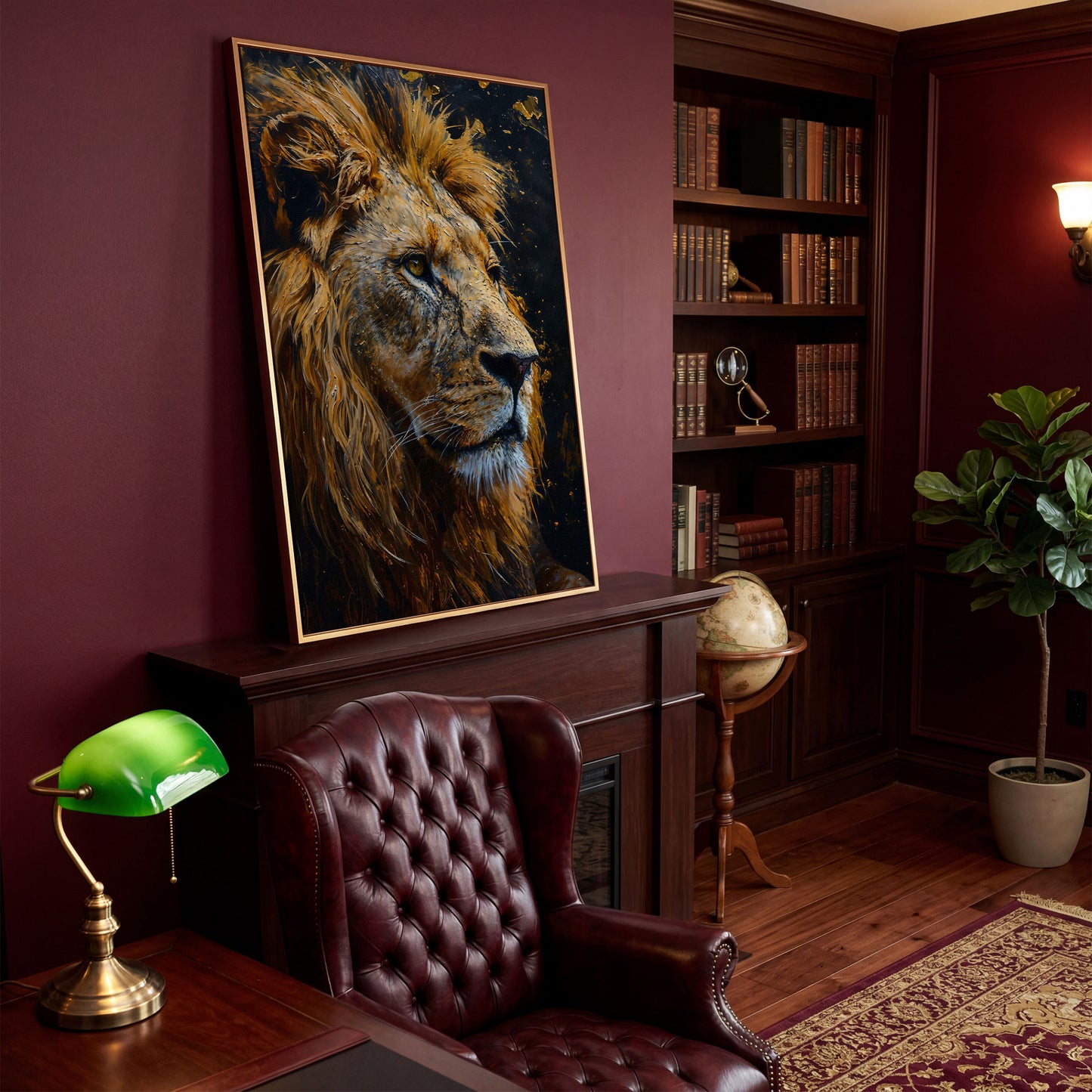 Lion Head Canvas Print with Gold Accents in antique gold floating frame