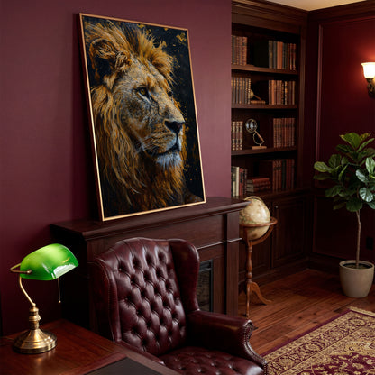 Lion Head Canvas Print with Gold Accents in antique gold floating frame