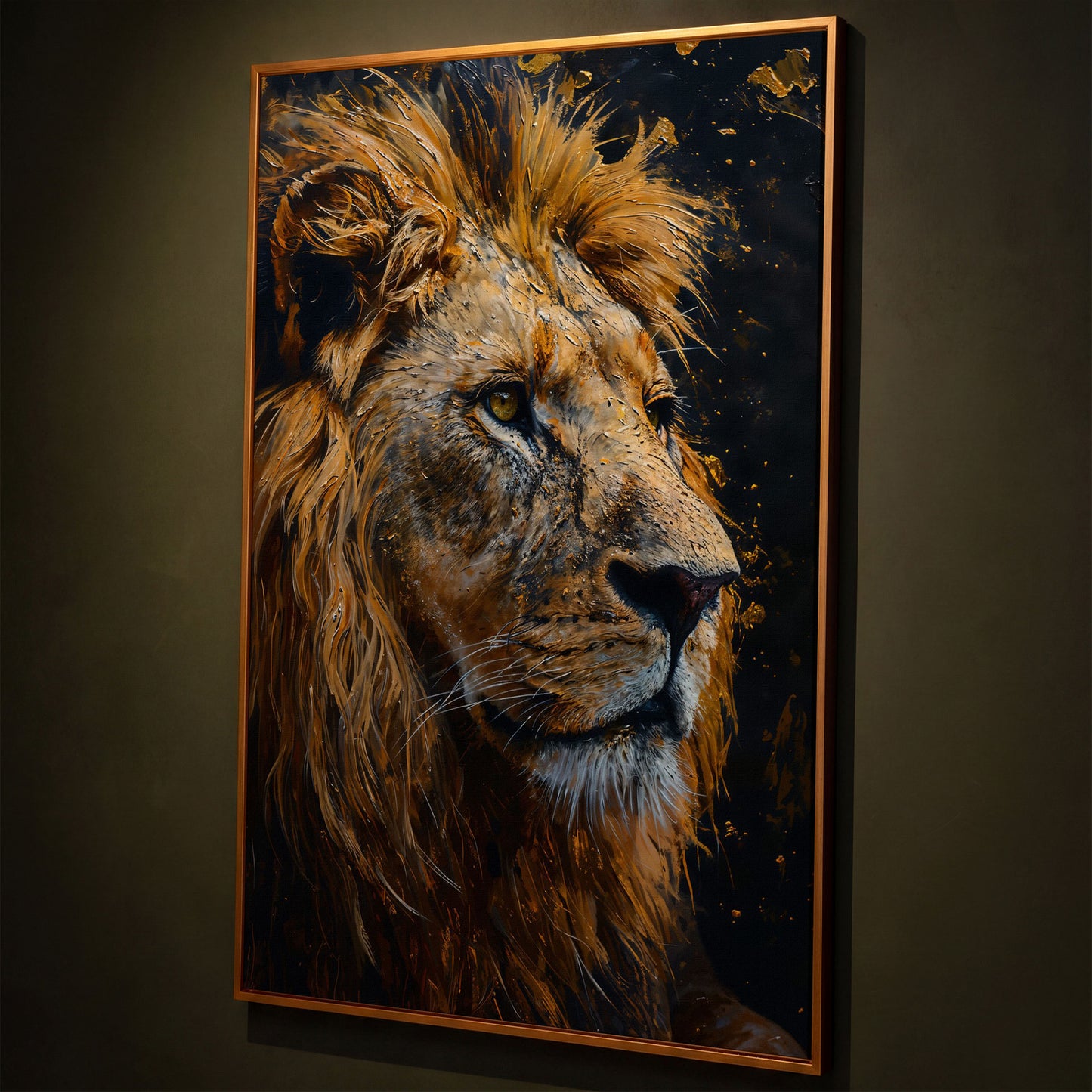 Lion Head Canvas Print with Gold Accents shown in antique gold floating frame