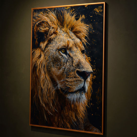 Lion Head Canvas Print with Gold Accents shown in antique gold floating frame