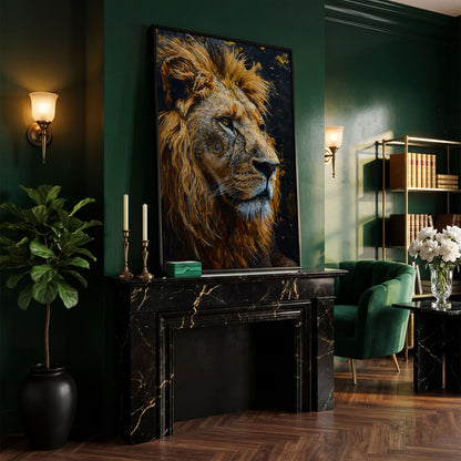 Lion Head Canvas Print with Gold Accents in black floating frame