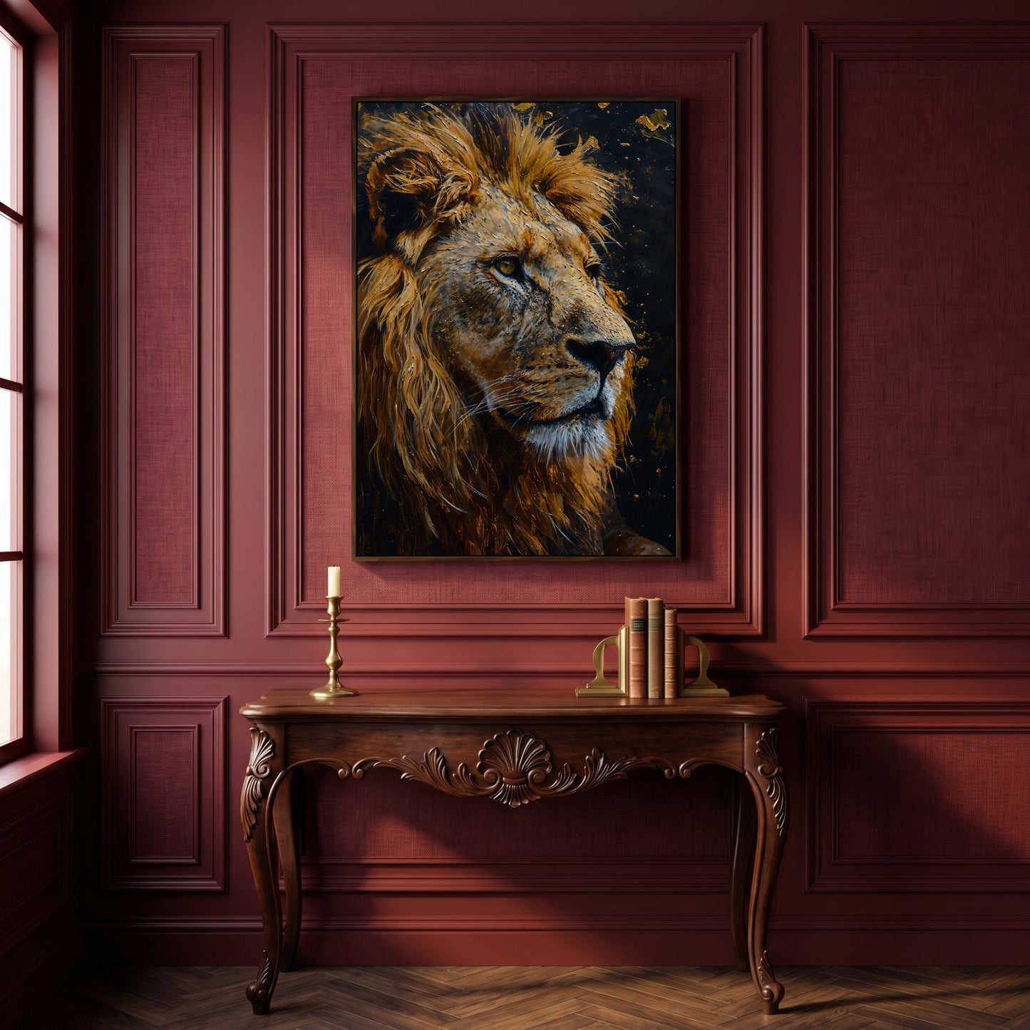 Lion Head Canvas Print with Gold Accents in dark walnut floating frame