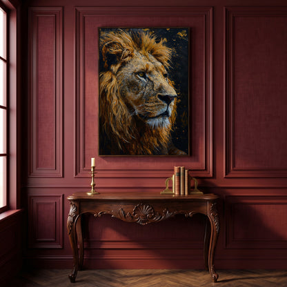Lion Head Canvas Print with Gold Accents in dark walnut floating frame