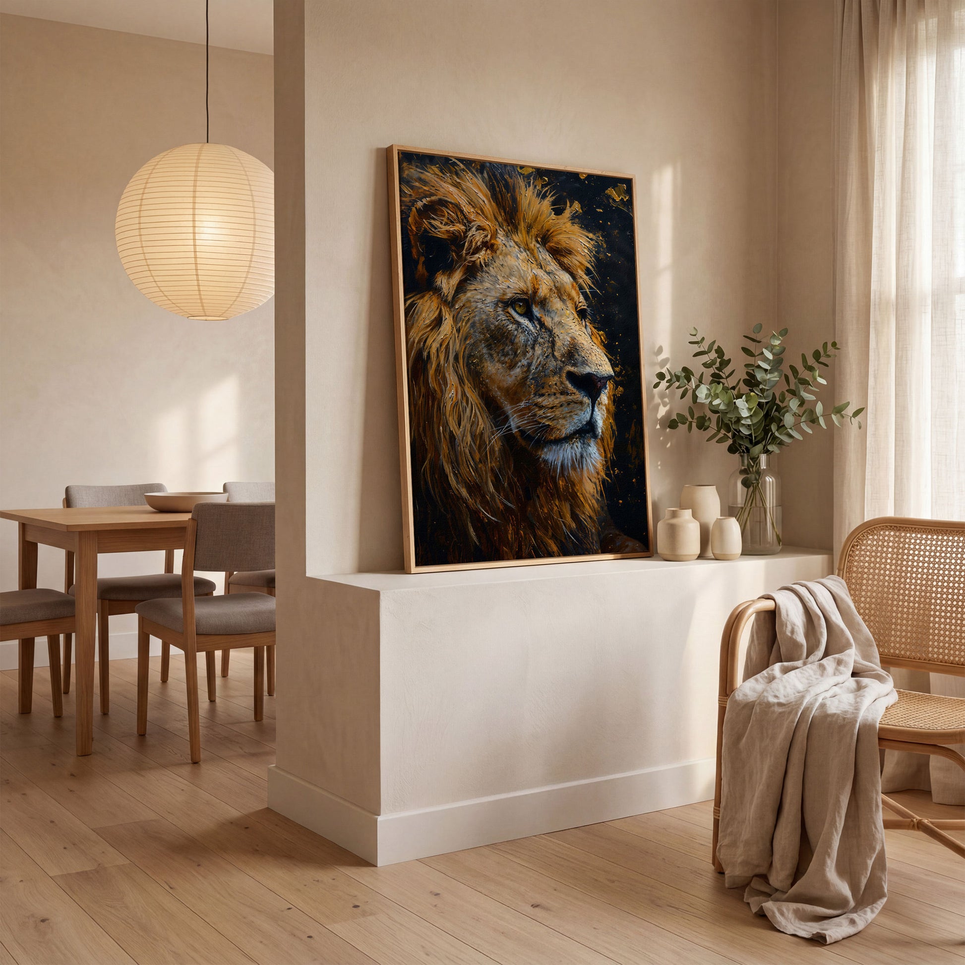 Lion Head Canvas Print with Gold Accents in white oak floating frame
