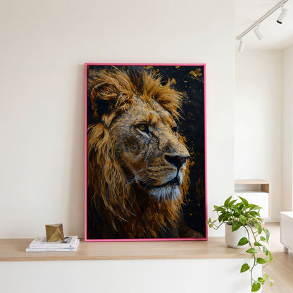 Lion Head Canvas Print with Gold Accents in pink floating frame