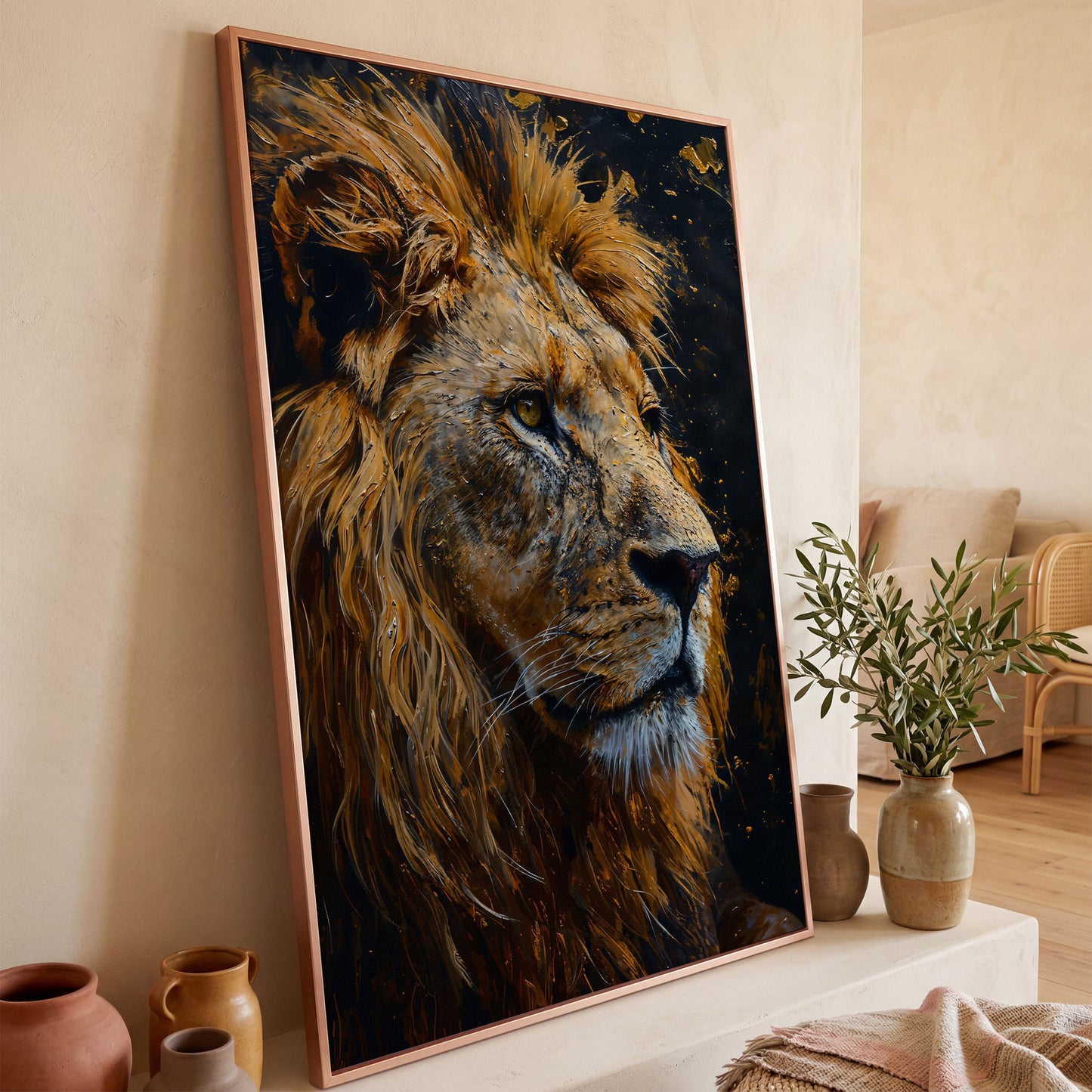 Lion Head Canvas Print with Gold Accents in rose gold floating frame