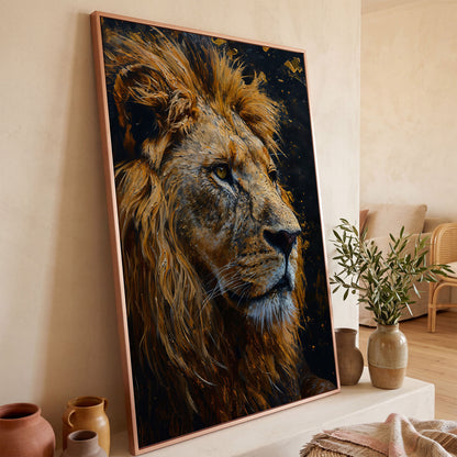 Lion Head Canvas Print with Gold Accents in rose gold floating frame