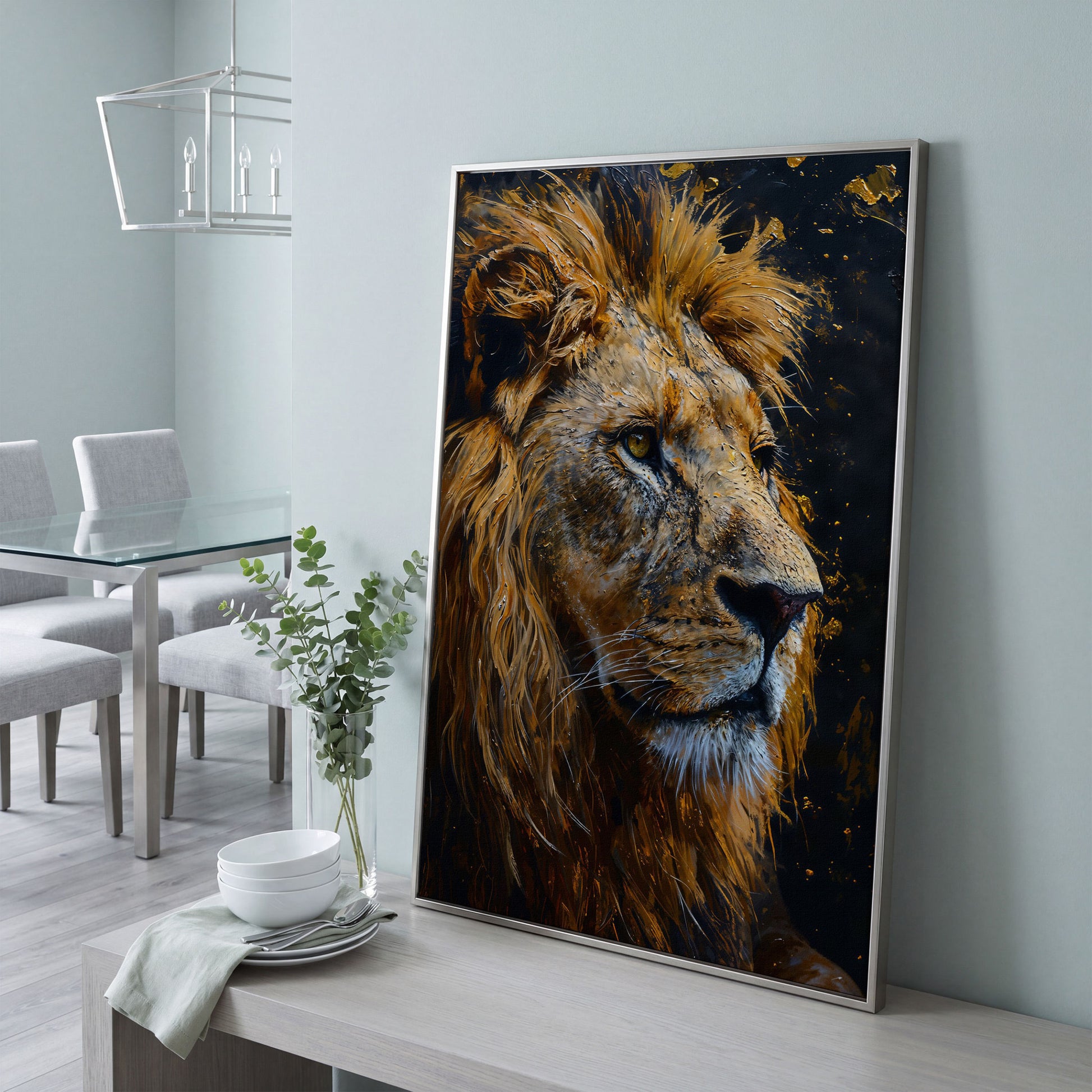Lion Head Canvas Print with Gold Accents in silver floating frame