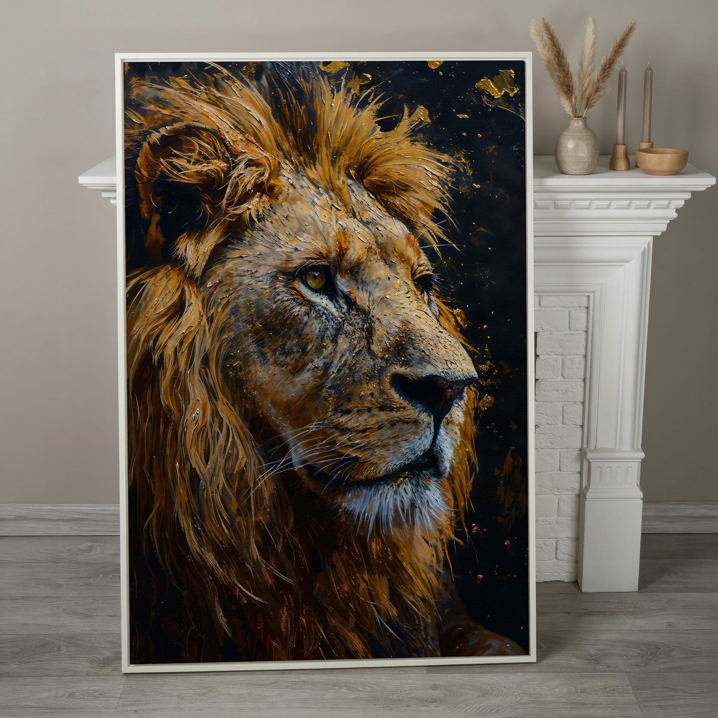 Lion Head Canvas Print with Gold Accents in white floating frame