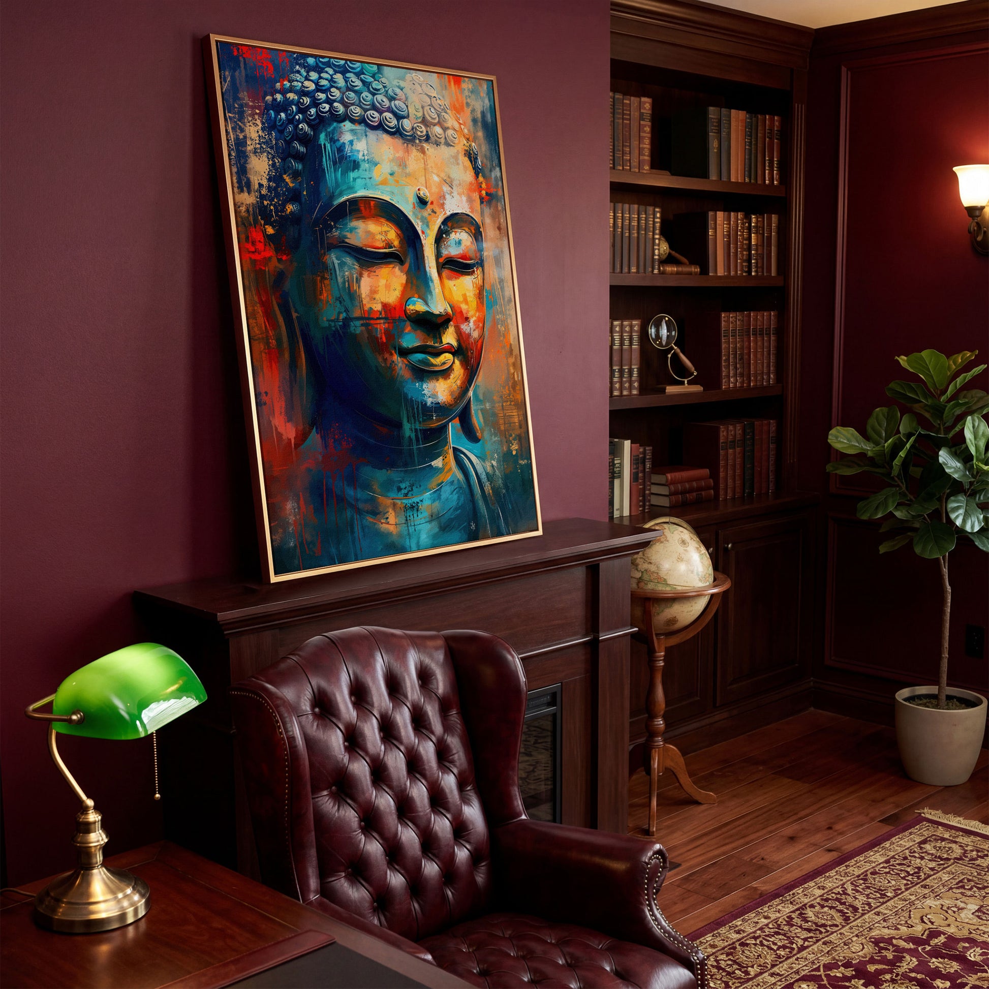 Modern Buddha Portrait Canvas in Teal and Sienna in antique gold floating frame