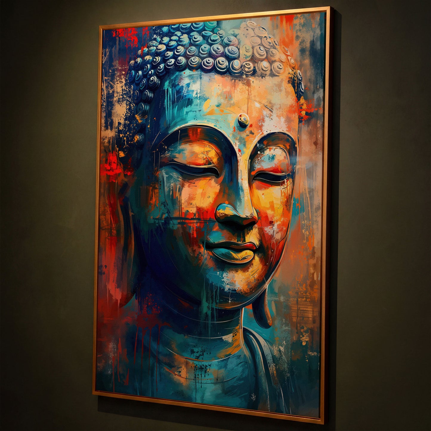 Modern Buddha Portrait Canvas in Teal and Sienna shown in antique gold floating frame