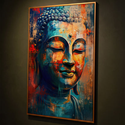 Modern Buddha Portrait Canvas in Teal and Sienna shown in antique gold floating frame