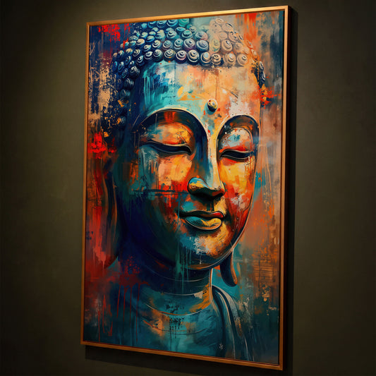 Modern Buddha Portrait Canvas in Teal and Sienna shown in antique gold floating frame